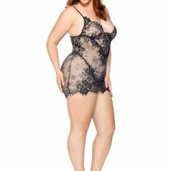 Lingerie Leg Avenue - Eyelash Lace Rhinestone Backless Mini Dress And G String Plus Size