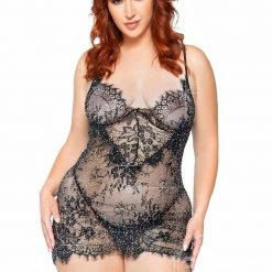 Lingerie Leg Avenue - Eyelash Lace Rhinestone Backless Mini Dress And G String Plus Size