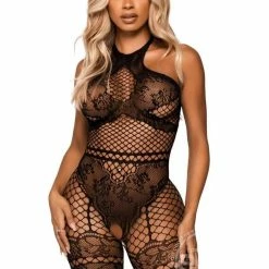 Leg Avenue - Seamless Industrial Net Halter Bodystocking With Faux Lace Lingerie