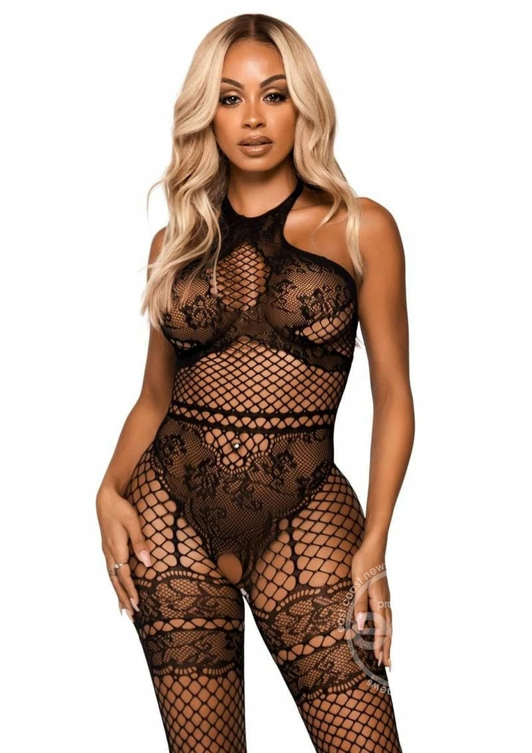 Leg Avenue - Seamless Industrial Net Halter Bodystocking With Faux Lace Lingerie 3 Leg Avenue - Seamless Industrial Net Halter Bodystocking With Faux Lace Lingerie