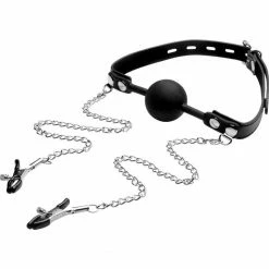 Master Series Strict Silicone Ball Gag With Nipple Clamps - Black Kink + BDSM