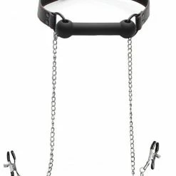 Master Series Kink + BDSM Strict Black Silicone Bit Gag With Nipple Clamps - Black