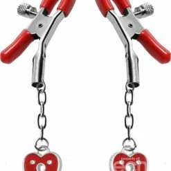 Kink + BDSM Master Series - Crimson Tied Charmed Heart Padlock Nipple Clamps - Red