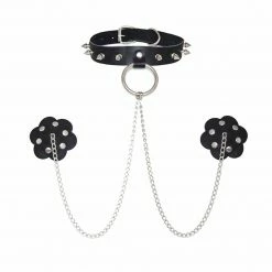 Neva Nude - Leather Studded Choker With Chains & Pasties