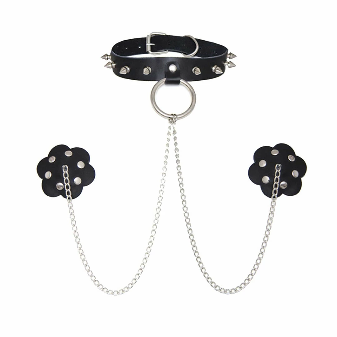 Neva Nude - Leather Studded Choker With Chains & Pasties 3 Neva Nude - Leather Studded Choker With Chains & Pasties
