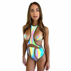 Neva Nude - Rainbow Reflective Halter Bodysuit & Pasties One Pieces