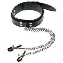Touch Of Fur - Leather Collar With Attached Nipple Clamp