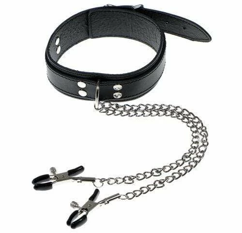 Touch Of Fur - Leather Collar With Attached Nipple Clamp 3 Touch Of Fur - Leather Collar With Attached Nipple Clamp